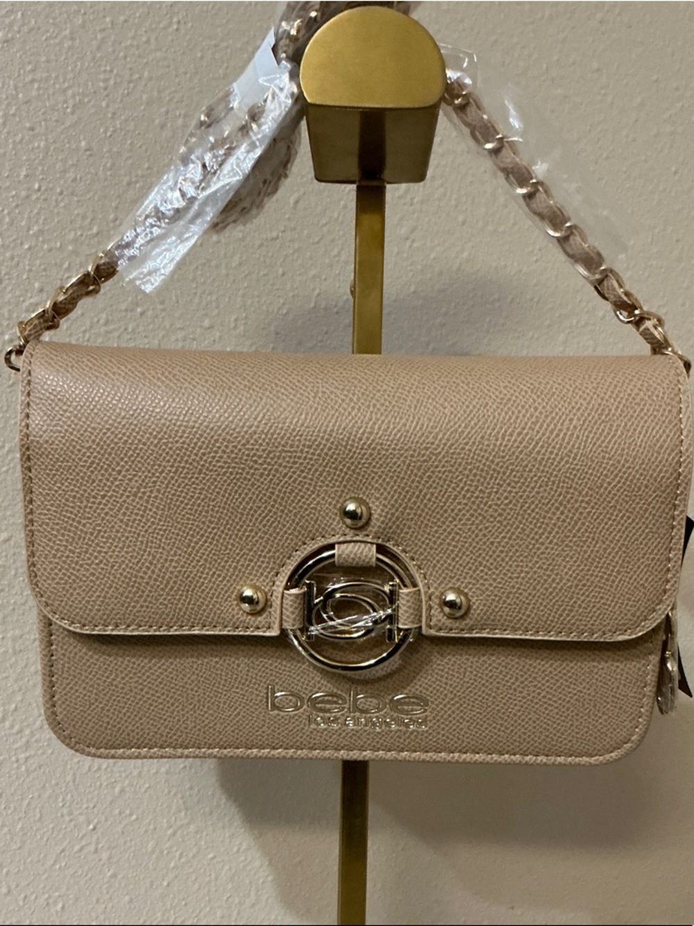 bebe Beige Chain-Accent Crossbody Bag